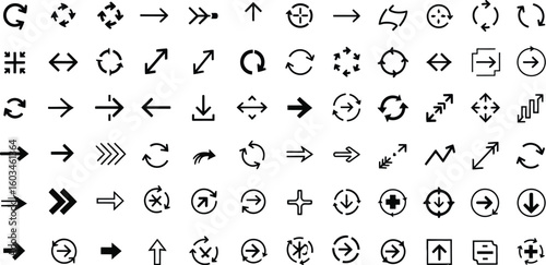 Vector art of a minimalistic set of black arrow icons isolated on white background, providing simple and clear directional cues for user interfaces and graphic designs