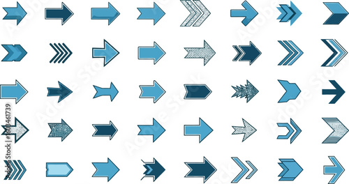 Vector art of a comprehensive collection of blue arrow designs points the way, offering a variety of styles and patterns for directional guidance and visual appeal, isolated on white background