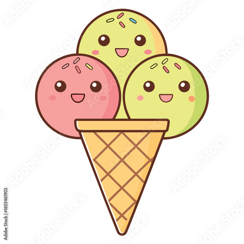 Kawaii ice cream cone with pink yellow green scoops and smiling faces