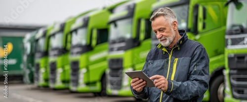 Experienced fleet manager uses a tablet to oversee his line of modern green delivery trucks in a logistics and transportation operation.