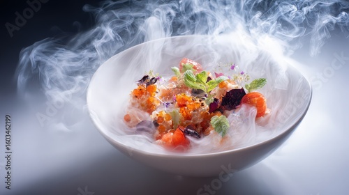 Signature molecular gastronomy dish with smoke effect, white background