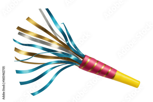 Colorful party horn blower exploding with metallic ribbons, isolated on transparent background, perfect for festive celebrations