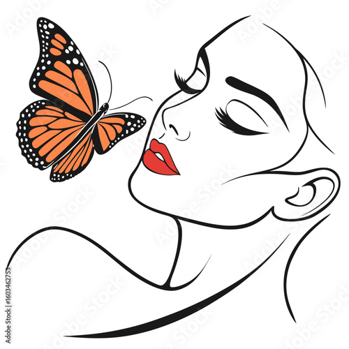 Delicate Embrace: A mesmerizing illustration showcasing a woman's elegant profile, kissed gently by a vibrant butterfly, symbolizing beauty, transformation, and the ephemeral nature of life.