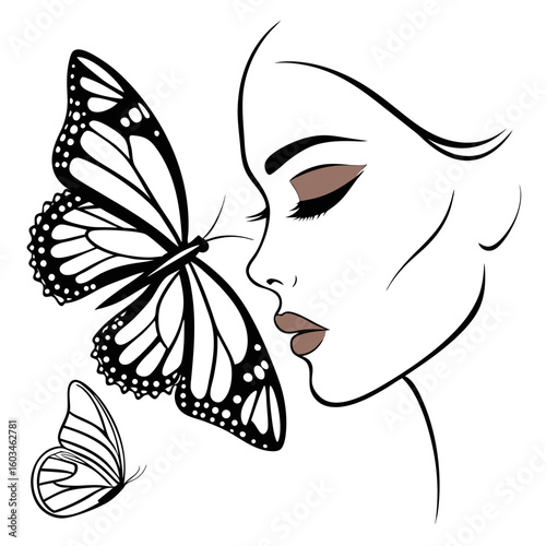 Enchanting Butterfly Serenade: An exquisite illustration of a graceful woman tenderly interacting with a magnificent butterfly, symbolizing freedom and transformation.