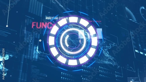 Opening circular interface starting rotating rings pulsing blocks displaying system analysis status