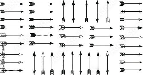 Vector art of a comprehensive set of arrow illustrations isolated on white background, featuring various styles and directions for diverse applications