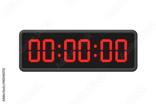 Red digital timer showing 00:00:00 isolated on transparent background, ideal for time management concepts