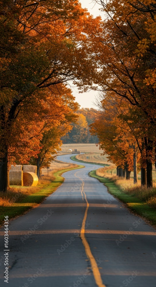 Naklejka premium Autumn road through golden trees