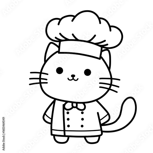 Vector illustration of cartoon sketch of cat in white chef outfit, cat icon, cat sticker, great as logo and design.
