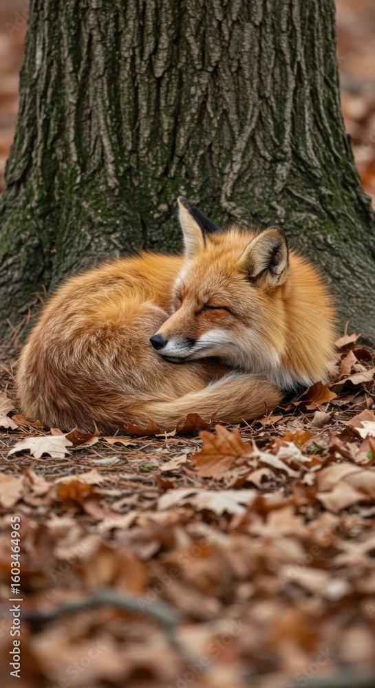 Naklejka premium Red fox resting under tree, autumn leaves