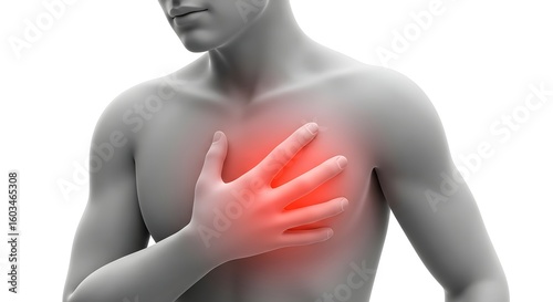 Male torso with hand on chest, indicating pain or heart problem, rendered in gray with red highlighting