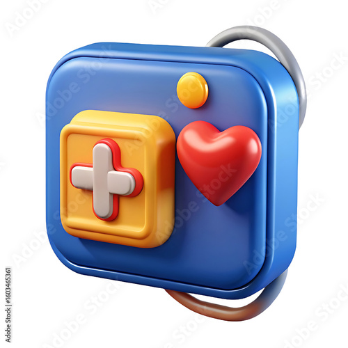 3d rendered blue medical device with red heart and white cross symbol
