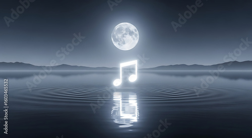A glowing musical note hovers over serene water under a luminous full moon, creating a magical and tranquil night landscape.