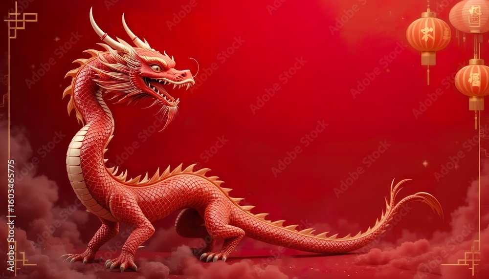 Obraz premium Red Chinese dragon with golden details floating in the air during Chinese festival, with lanterns and smoke on red background.