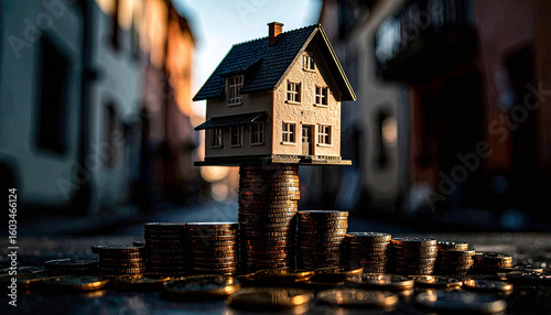Upside Down House Model Balancing on Coin Stack. Economy Concept. Generated Image