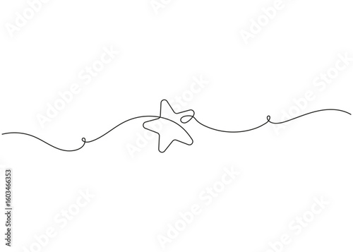 One line Christmas frame and border with stars. Festive divider with simple flourish pattern. Minimal doodle outline, elegant linear vector for holiday design. (