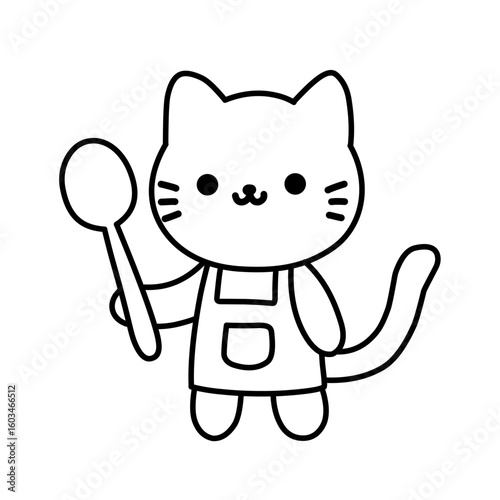 Vector illustration of a cartoon sketch of a cat holding a spoon, cat icon, cat sticker, great as logo and design.