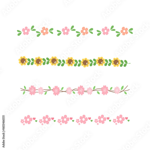 Floral Vector Borders Set – Cherry Blossom, Sunflower, and Pink Flowers with Leaves