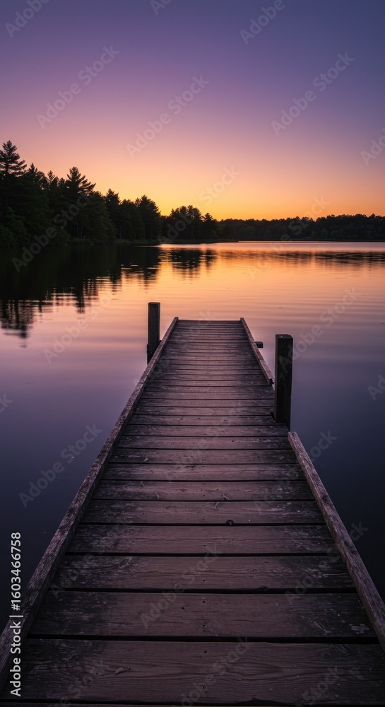 Naklejka premium Calm wooden dock on serene lake at sunrise