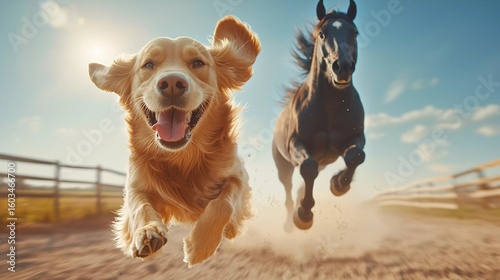 Golden Retriever Running with Horse on a Dusty Track
