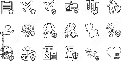 Vector art of a collection of line art icons depicts various aspects of insurance, including health, travel, life, and financial protection, all represented with shields and protective symbols
