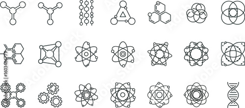 Vector art of this is a collection of line icons depicting various molecular structures and scientific symbols, isolated on white background