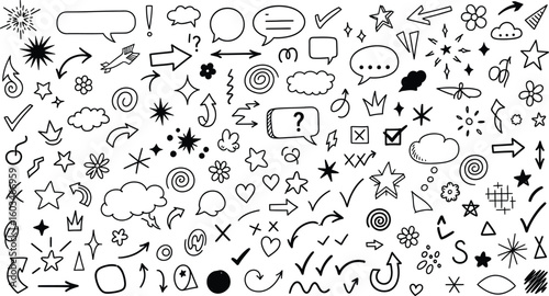 Vector art of a variety of handdrawn doodles including arrows, stars, speech bubbles, and other decorative elements in black and white, isolated on white background