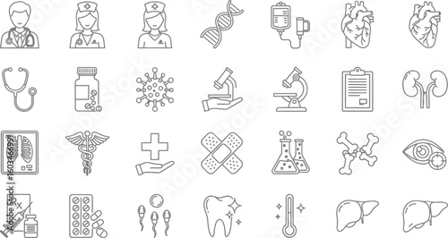 Vector art of a set of medical and healthcare icons depicting various aspects of medicine and biology isolated on white background