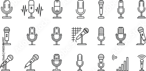 Vector art of a collection of microphone icons isolated on white background, representing audio recording and broadcasting