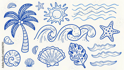 Hand-Drawn Beach Elements Vector Set | Tropical Summer Sea Icons | Doodle Style Ocean Illustrations
