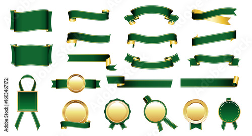 Elegant Green and Gold Ribbon and Badge Set – Vector Decorative Elements for Awards and Celebrations
