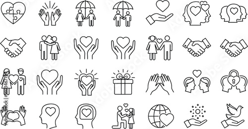 Vector art of a collection of line icons representing love, care, and relationships, featuring hearts, couples, and supportive gestures isolated on white background