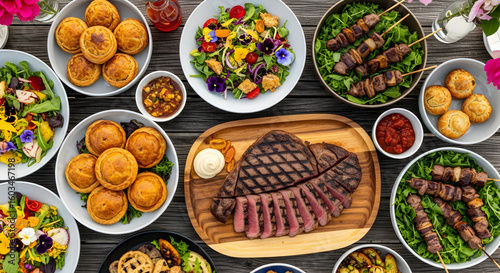 Wallpaper Mural Assorted Gourmet Feast: Overhead View of Delicious Grilled Steak, Fresh Salads, Savory Pies, and Meat Skewers on a Rustic Wooden Table Torontodigital.ca