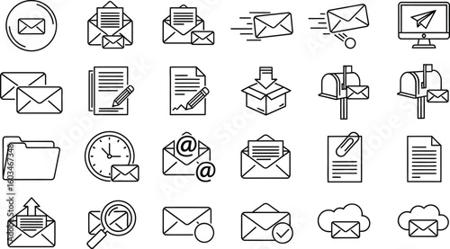 Vector art of a collection of line icons representing email, messaging, and online communication