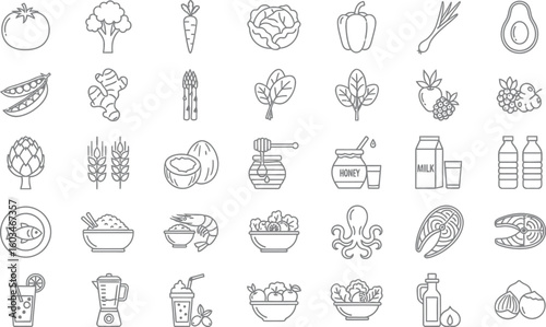 Vector art of an array of healthy food icons representing various fruits, vegetables, and other nutritious ingredients, isolated on white background