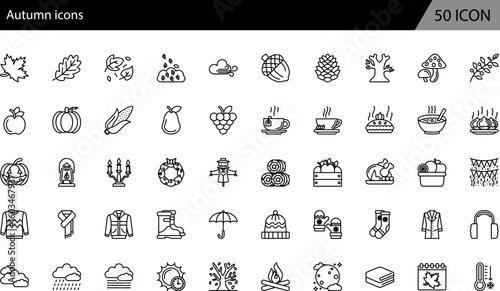 Autumn icons set.  Collection of fall related objects, food and drinks, holidays, celebrations. Outline Icons set. Vector illustration.