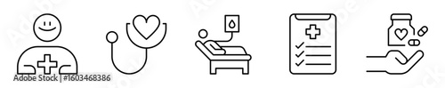 Conjunto de iconos de atención médica y salud. Cuidado, diagnóstico y tratamiento. Asistencia sanitaria, monitoreo cardiaco, terapia intravenosa, historial clínico y medicamentos