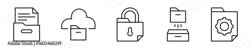 Conjunto de iconos de archivos. Gestión documental y almacenamiento. Archivo físico, documento en la nube, archivo protegido, organización de documentos y configuración. Ilustración vectorial