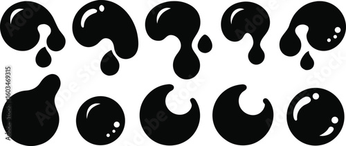 Ten black abstract blob shapes with rounded edges and liquid drips white