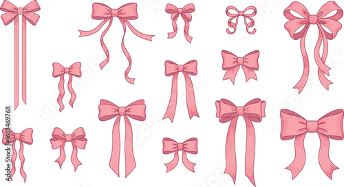 Hand drawn elegant pink bows and ribbons. Minimalist drawing sketch