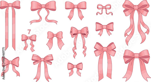 Hand drawn elegant pink bows and ribbons. Minimalist drawing sketch
