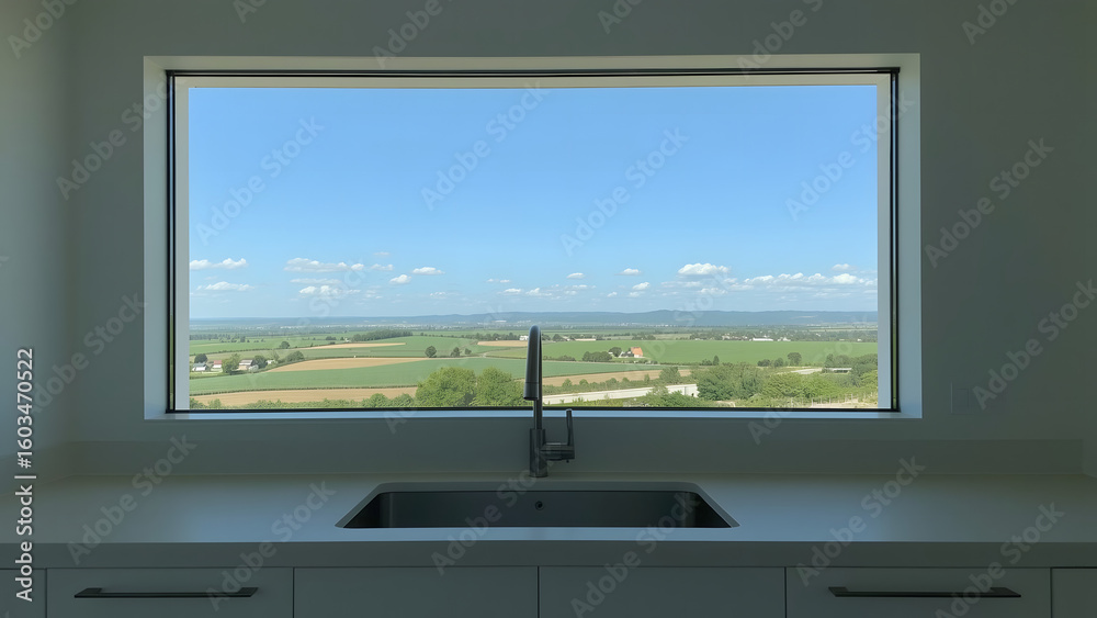 Fototapeta premium Panoramic countryside view framed by a modern kitchen window.