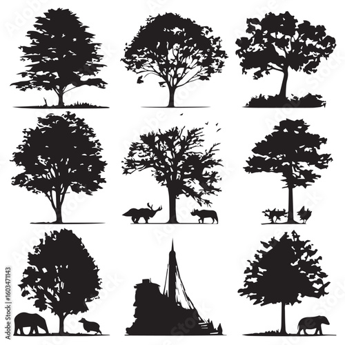 vector illustration of bush silhouette set, Black & White silhouette set