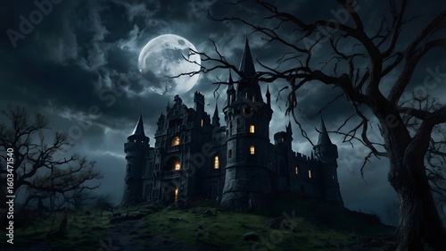 Dark Haunted Castle Under Full Moon with Bare Tree Silhouettes and Cloudy Sky