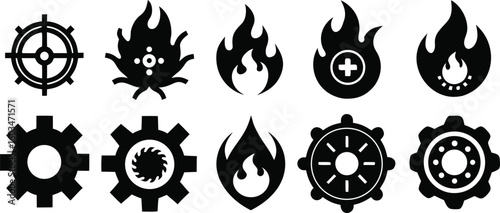 Collection of ten black graphic icons featuring flames gears and steering wheels symbol