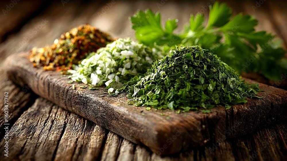 Assorted dried herbs and spices on a rustic wooden board. Assorted dried herbs and spices on a rustic wooden board.