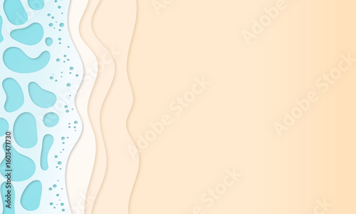 Paper cut style seashore with waves and beach, ideal for summer promotions, vacation ads, or ocean-themed web design.