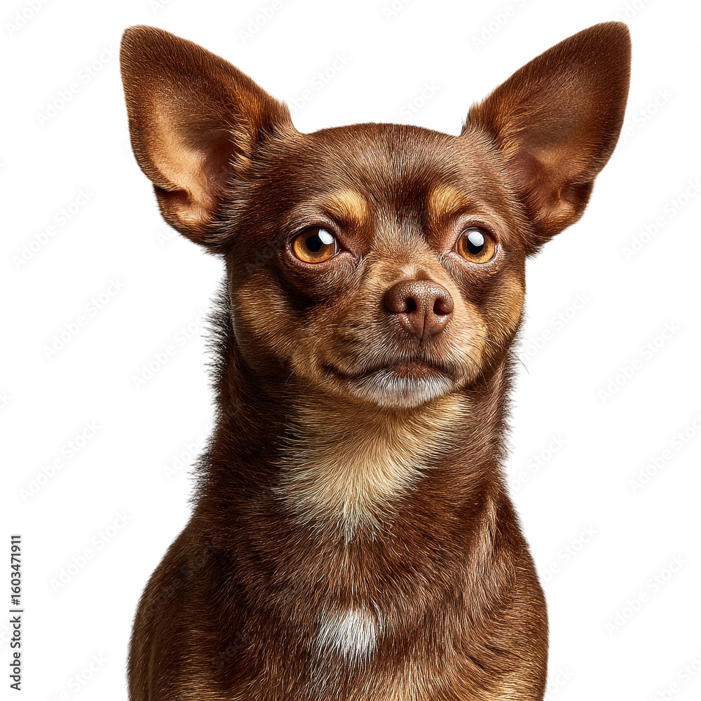 Fototapeta premium Brown Chihuahua stares intently. Portrait-style photo for marketing, web, ads. Brown dog, pet, small breed, chihuahua, headshot, portrait, studio shot.