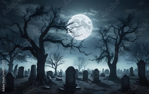 Dark Graveyard Scene with Bare Trees Under Full Moon in Night Sky