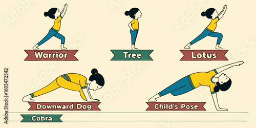 Flat-style collection of human figures demonstrating 6–10 popular yoga poses with labeled names like Warrior, Tree, and Lotus.

